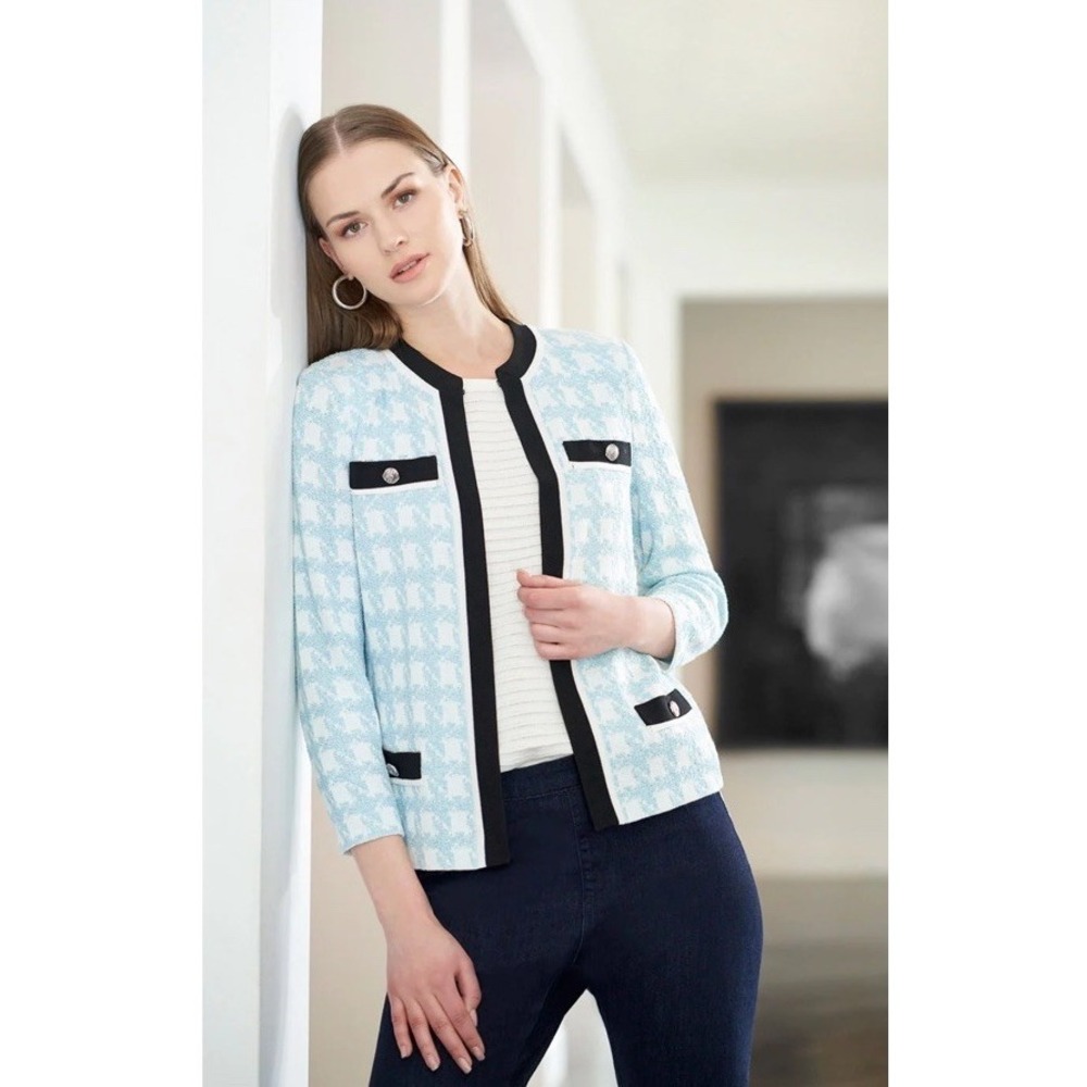 MING WANG Jacket Houndstooth Knit Sky Baby Blue Black White & Tank SZ L - Picture 12 of 13